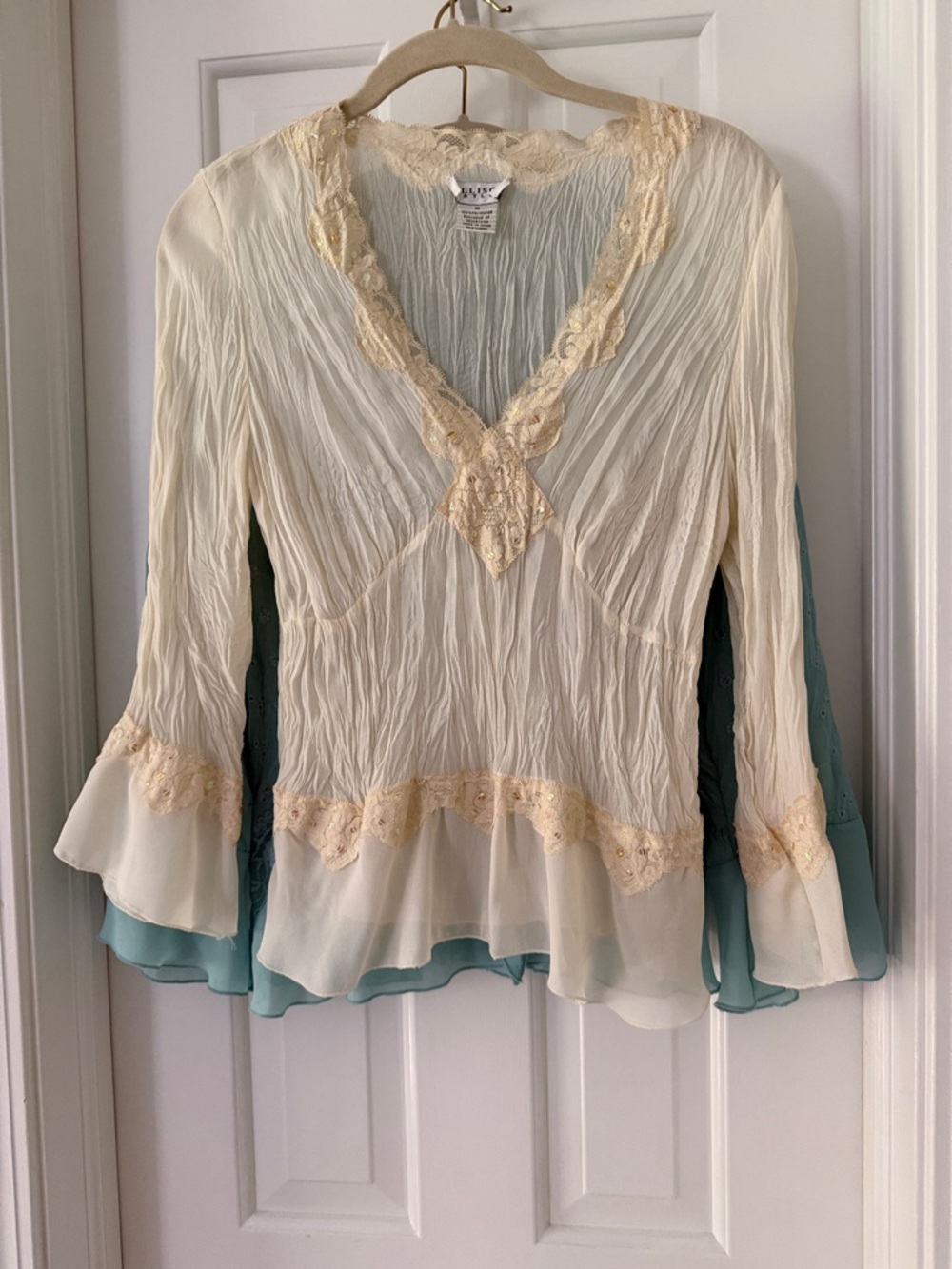 SOLD Two Allison Taylor Cream Lace-Trim Crinkle V-Neck Blouses size Medium